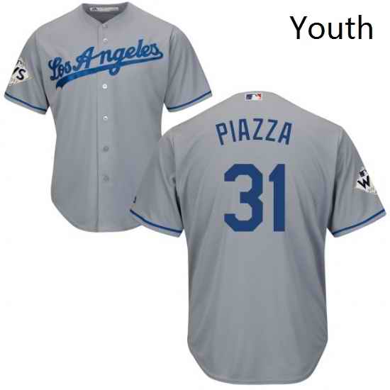 Youth Majestic Los Angeles Dodgers 31 Mike Piazza Replica Grey Road 2017 World Series Bound Cool Base MLB Jersey